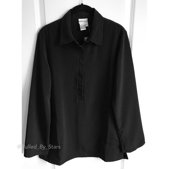 NEWPORT NEWS Solid Black Long-Sleeve Polyester Blouse + Pockets - NWOT! - Picture 2 of 8